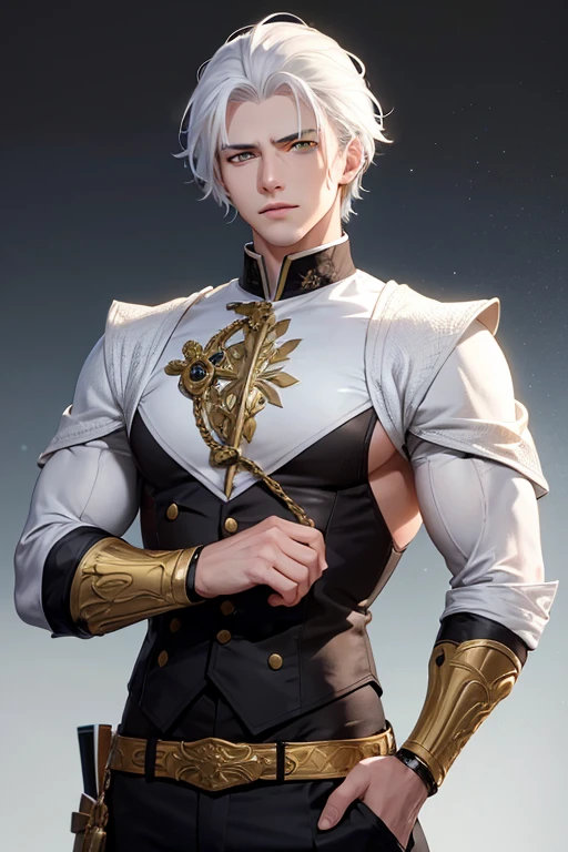 a young handsome man with white hair and yellow eyes with his scaled arms
