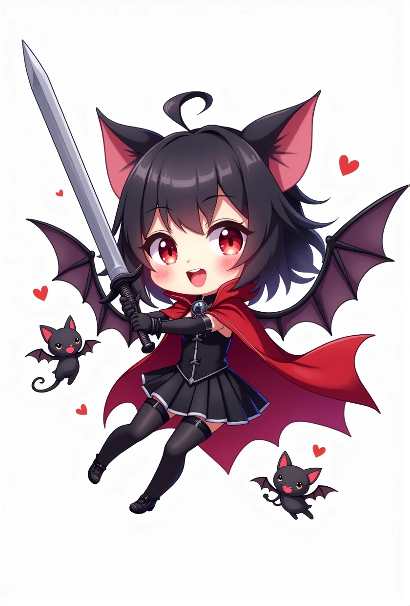 chibi style, 2D, anime, vampire girl rising sword, vampire fangs, bat wings, floating, red cloak, black light armor, 2 cute bat pets, (simple white background)