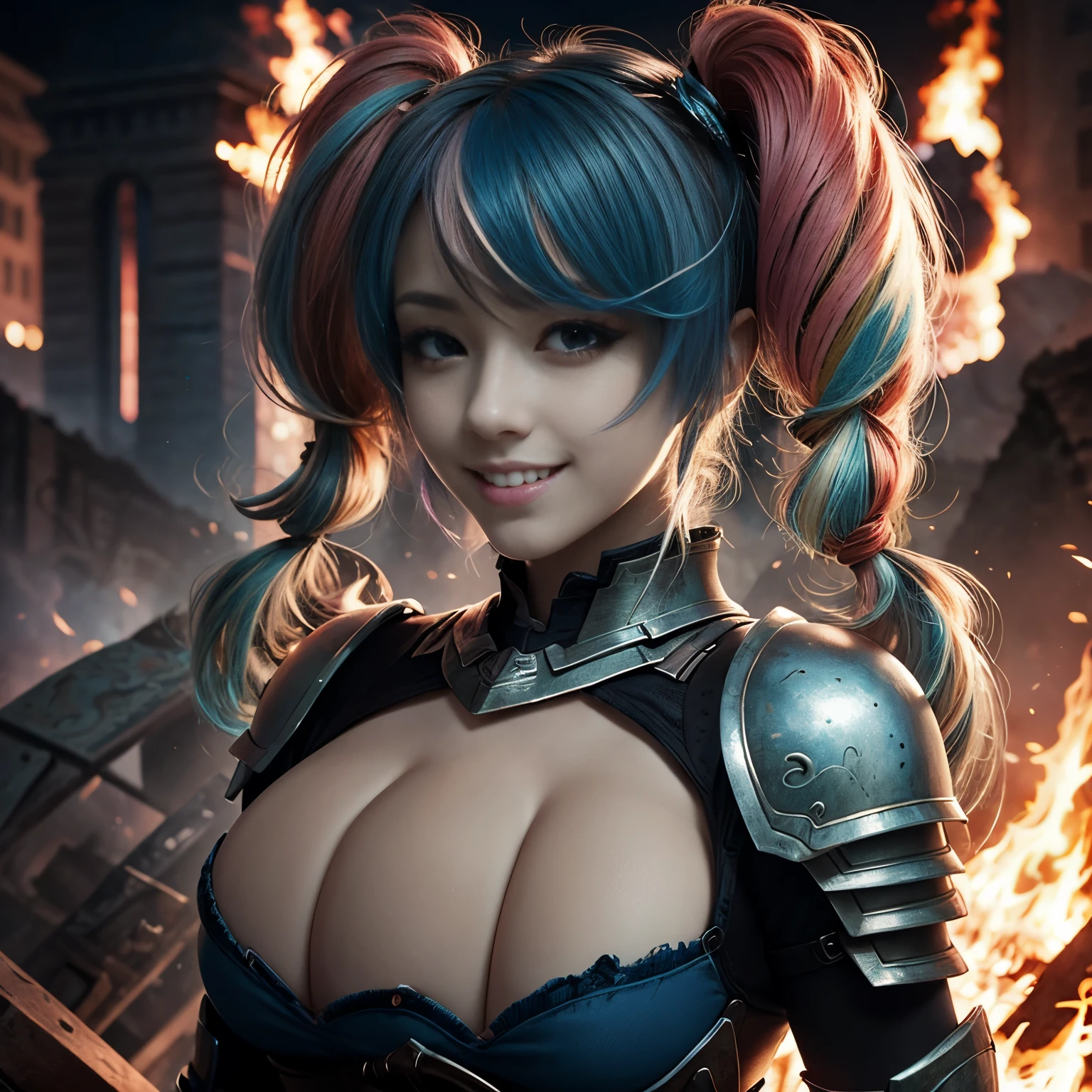 best quality, 4k, masterpiece, extremely detailed, High Detail, 1girl, solo, peri, blue hair, hair over one eye, multicolored hair, twintails, pink hair, red eyes, two-tone hair, armor, smile, Burning city background, triboob_cleavage 