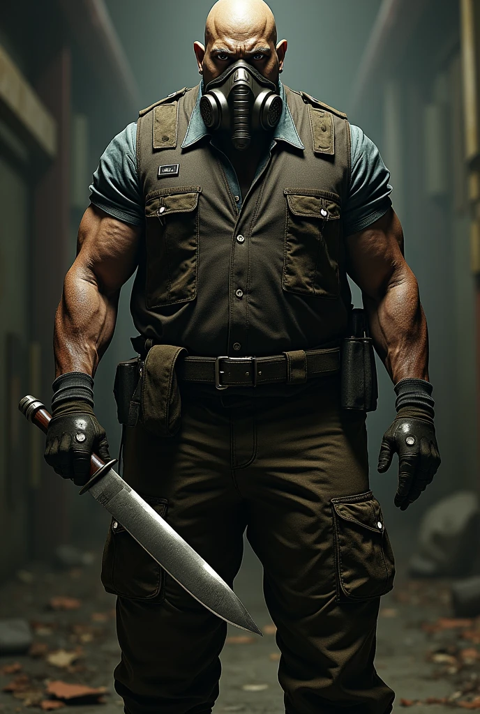 create a fat bald African-American man with a gas mask and a knife based on Resident Evil 