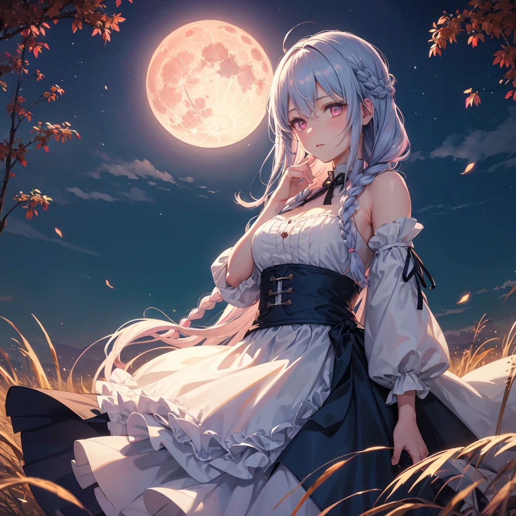 (Braiding),(Sky blue medium hair), (Pink eyes),(Fair skin)  ,(whole body),(One Girl),(harvest moon),(A large amount of Miscanthus sinensis in the background),autumn,(full moon),(masterpiece, Highest quality, Very detailed, Best Shadow), (Detailed Background), (Beautifully detailed face), High Contrast, (Best lighting, Very delicate and beautiful), ((Cinematic Light)), Hyper Detail,8k, Dramatic Light, Intricate details