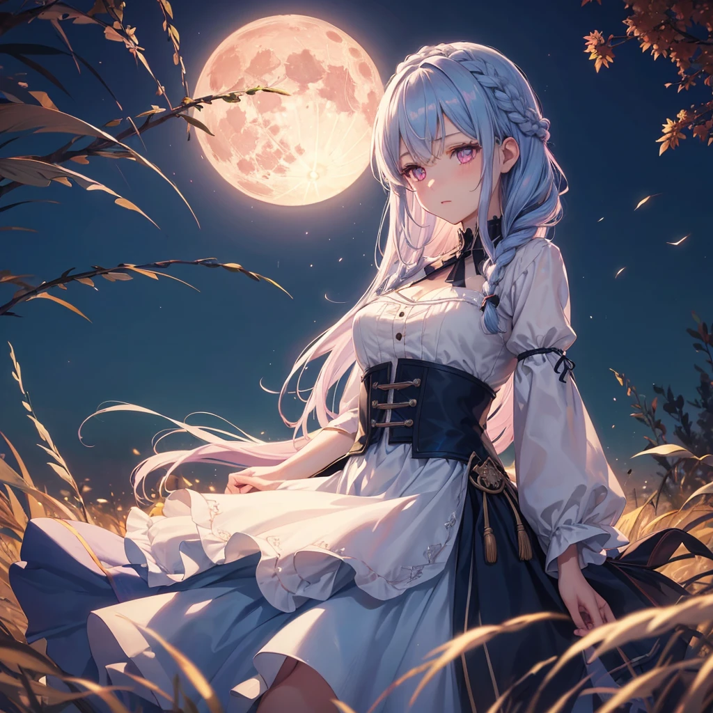 (Braiding),(Sky blue medium hair), (Pink eyes),(Fair skin)  ,(whole body),(One Girl),(harvest moon),(A large amount of Miscanthus sinensis in the background),autumn,(full moon),(masterpiece, Highest quality, Very detailed, Best Shadow), (Detailed Background), (Beautifully detailed face), High Contrast, (Best lighting, Very delicate and beautiful), ((Cinematic Light)), Hyper Detail,8k, Dramatic Light, Intricate details