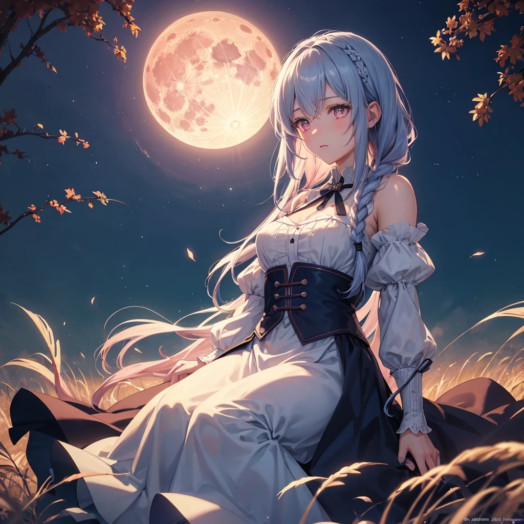 (Braiding),(Sky blue medium hair), (Pink eyes),(Fair skin)  ,(whole body),(One Girl),(harvest moon),(A large amount of Miscanthus sinensis in the background),autumn,(full moon),(masterpiece, Highest quality, Very detailed, Best Shadow), (Detailed Background), (Beautifully detailed face), High Contrast, (Best lighting, Very delicate and beautiful), ((Cinematic Light)), Hyper Detail,8k, Dramatic Light, Intricate details
