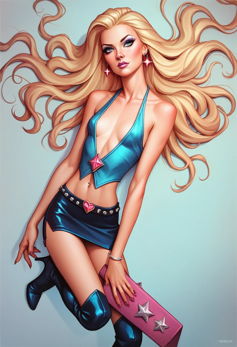 girl, portrait, small breasts, slim, long blonde hair, winx club, stella, stella winx club Warm, soft or colored lips, plunging neck top, short skirt, heeled boots, simple bottom, flat colors, perfect hands, perfect anatomy ,