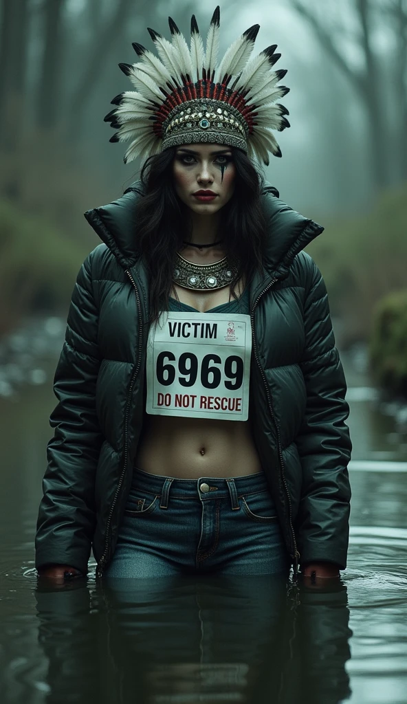 woman, sport light down jacket,sport small race bib "VICTIM 6969 DO NOT RESCUE", flared jeans, stuck in bog, headdress,makeup.collar only
