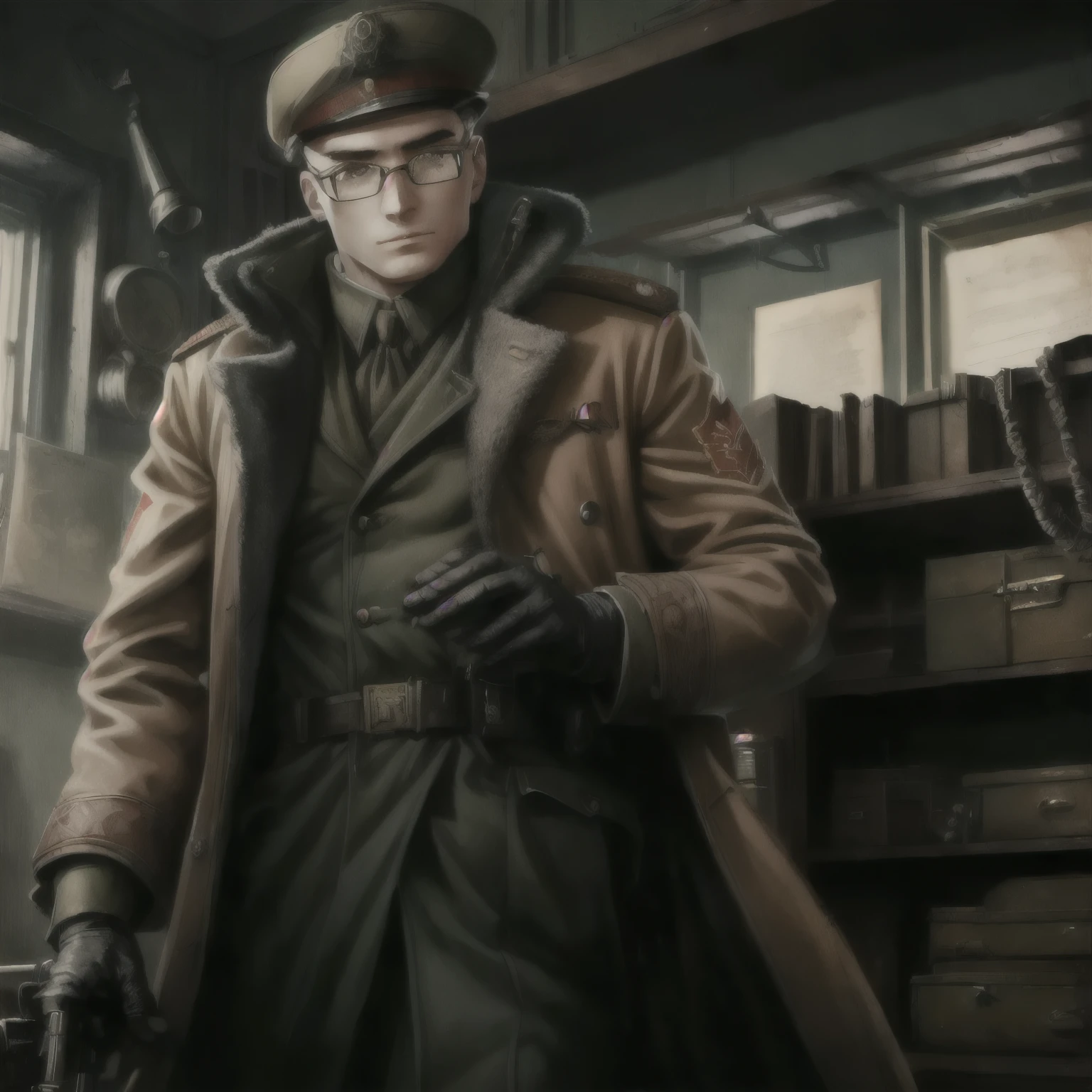 eyeglasses, Gorgeous sovietdetective, cccpuniform, military, (insanely detailed, masterpiece, sovietpunkai