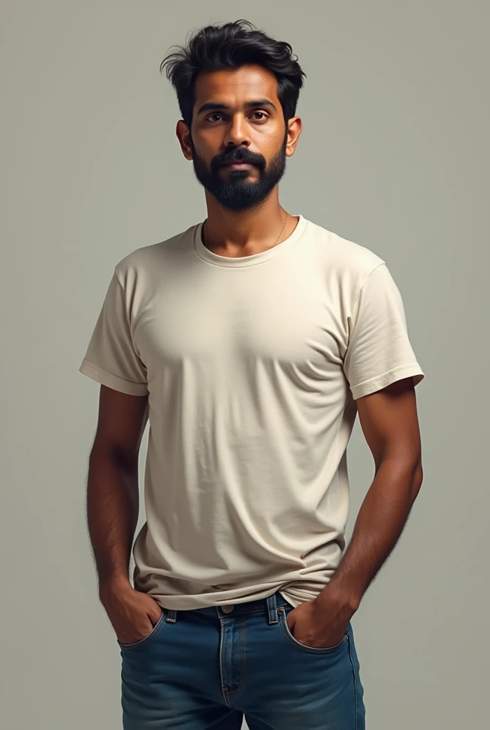 A kerala man of brown with age if 30 very few moustache and beard slim fit and wearing blue denim