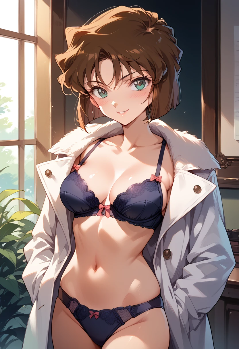 masterpiece,High resolution,Highest quality,8k
(Detective Conan,ai haibara)
(17-year-old female,Slender figure,Beautiful breasts,Brown Hair,short hair)
(Put on a white coat,Sexy bra and panties)An inappropriate smile,blush,