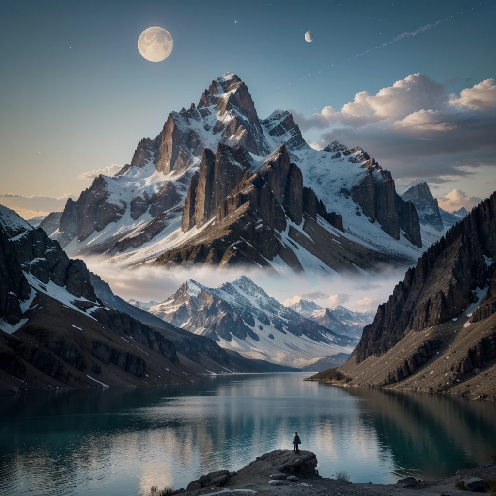 mountains and a lake with a moon in the sky, 4k highly detailed digital art, 4 k hd wallpaper very detailed, impressive fantasy landscape, sci-fi fantasy desktop wallpaper, unreal engine 4k wallpaper, 4k detailed digital art, sci-fi fantasy wallpaper, epic dreamlike fantasy landscape, 4k hd matte digital painting, 8k stunning artwork