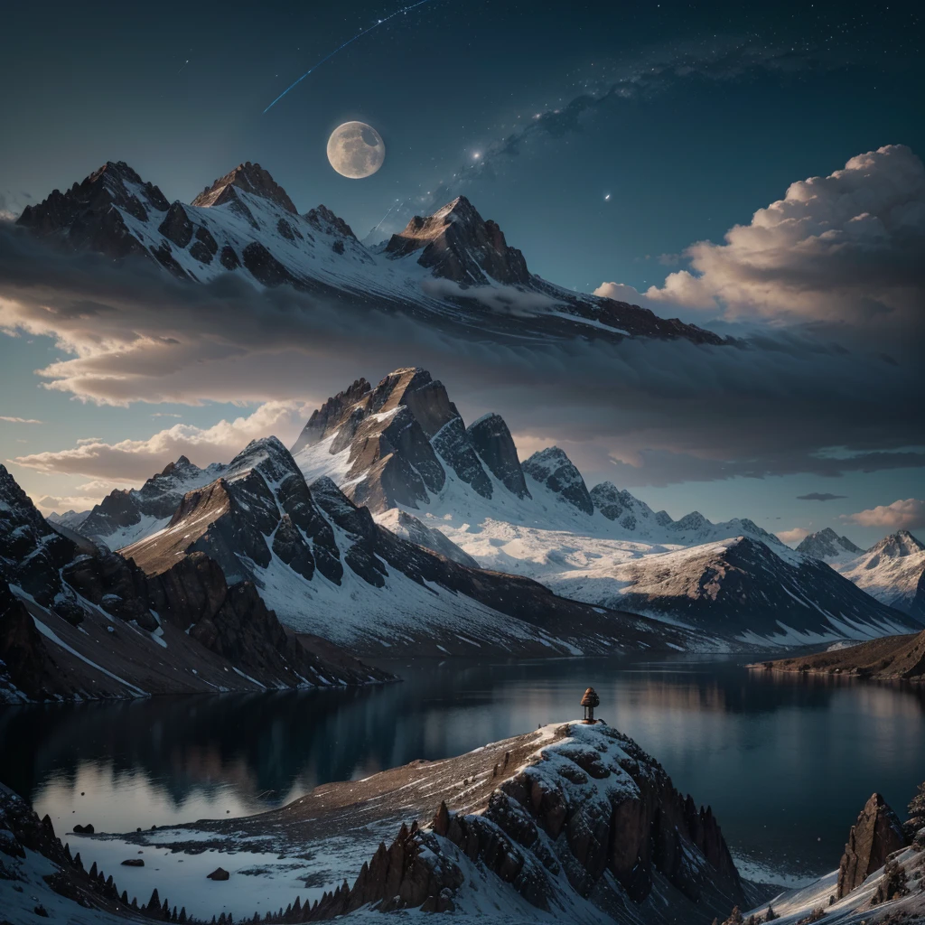 mountains and a lake with a moon in the sky, 4k highly detailed digital art, 4 k hd wallpaper very detailed, impressive fantasy landscape, sci-fi fantasy desktop wallpaper, unreal engine 4k wallpaper, 4k detailed digital art, sci-fi fantasy wallpaper, epic dreamlike fantasy landscape, 4k hd matte digital painting, 8k stunning artwork  