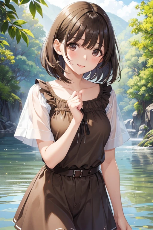anegasaki nene、Shiny brown hair, short hair, (Beautiful brown eyes、Sparkling eyes, Fine grain)、smile、Ultra-detailed eyes、Highly detailed face, Highly detailed eyes,Cowboy Shot、
Highest quality、masterpiece、High sensitivity、High resolution、Detailed Description、Summer clothes、Water Play、