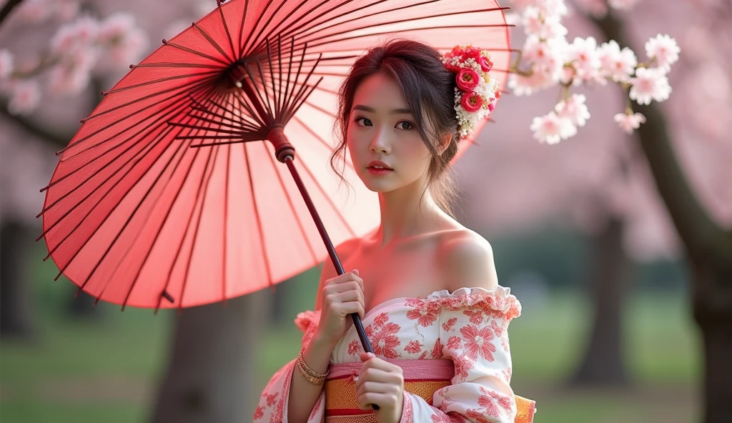 beautiful japanese woman with big breasts in revealing kimono sakura garden bare legs umbrella off shoulders