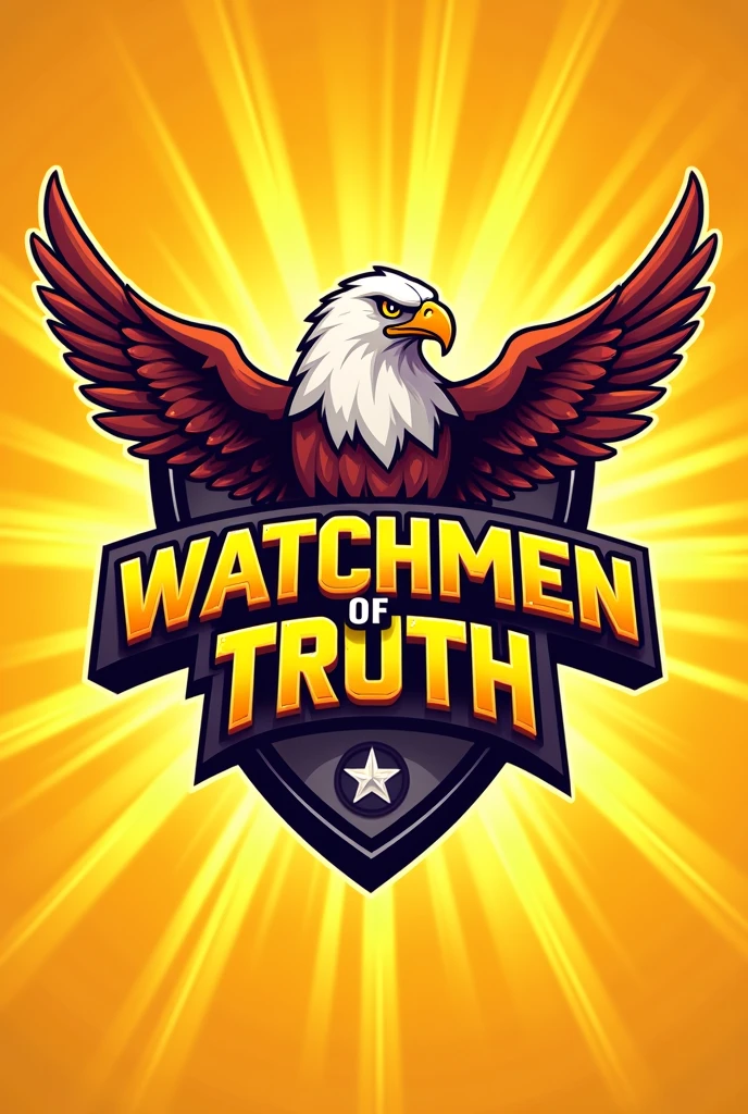 create a team shield with a cartoon theme with the name watchmen of truth and place an eagle on the shield with a strong yellow light background