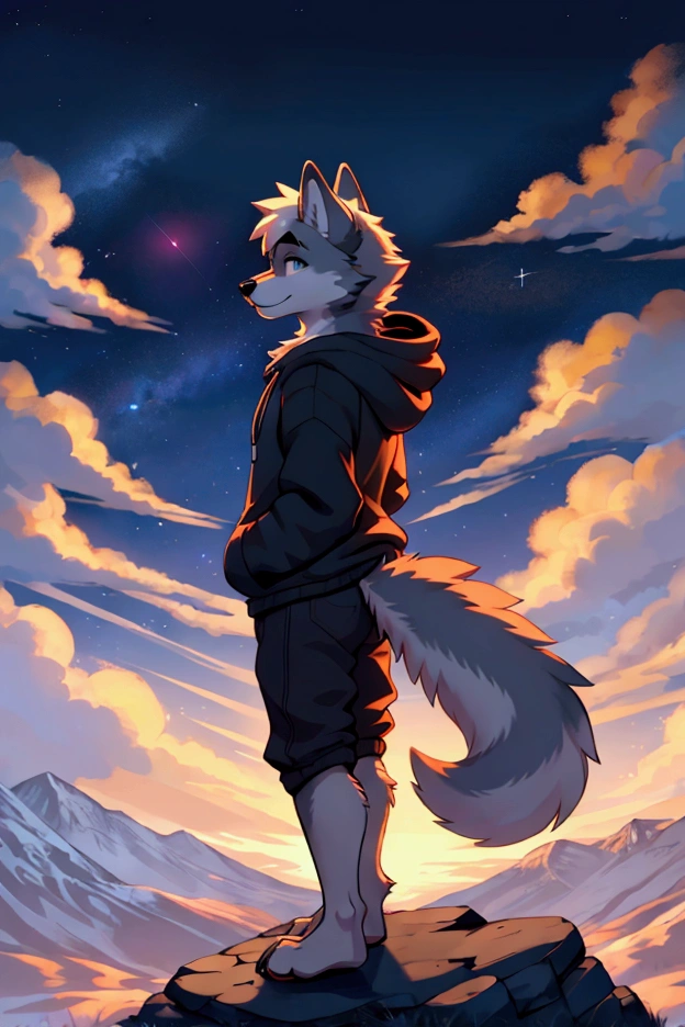  a full body, anthropomorphic wolf wearing a hoodie looking at the stars in a hill at dawn with a city backgroud