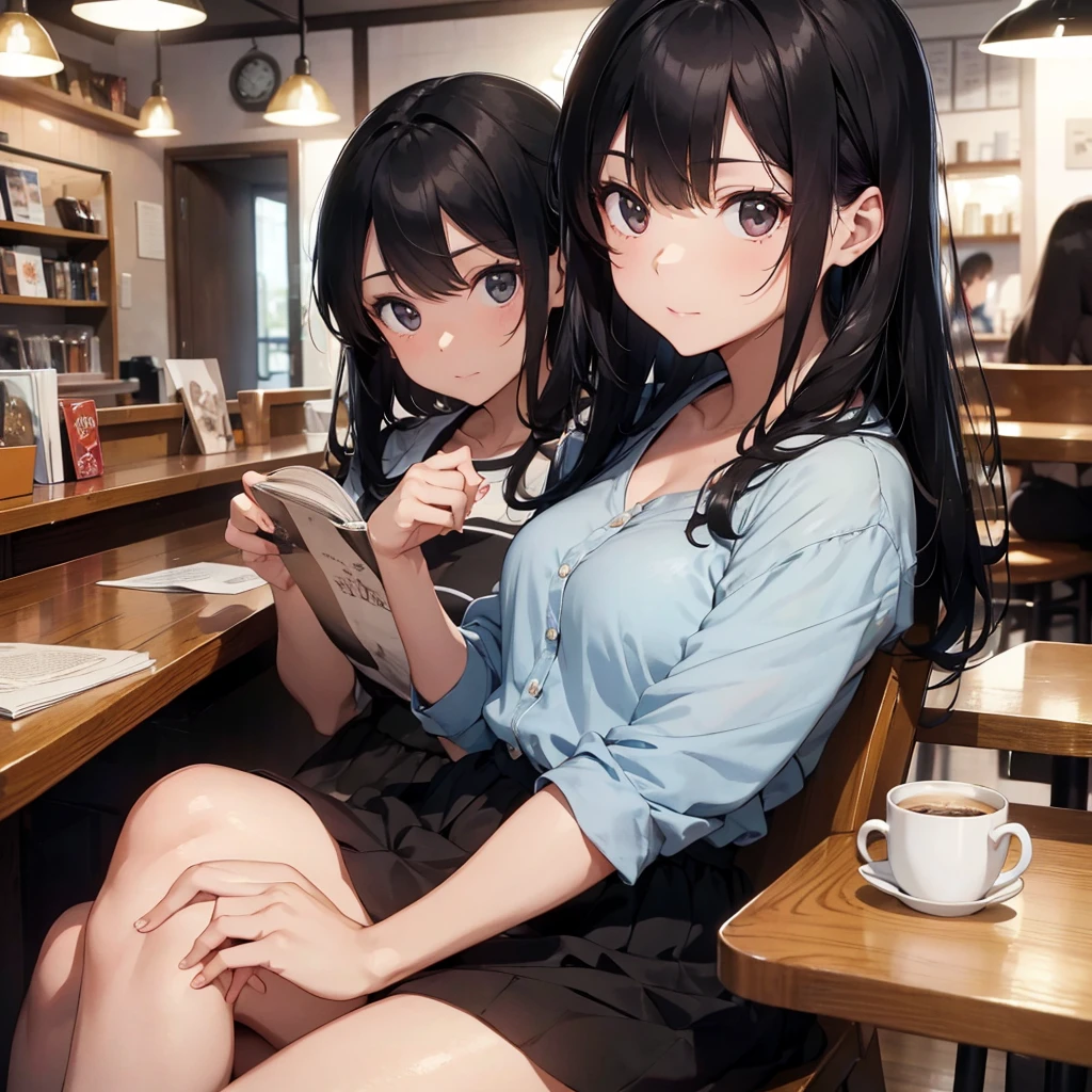 A black-haired woman with her gaze on a mug while reading a book in a café