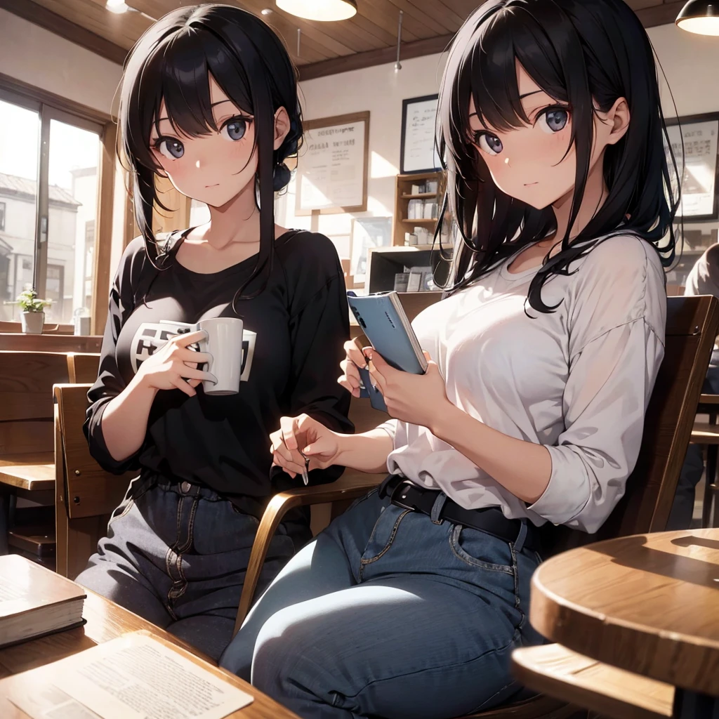 A black-haired woman with her gaze on a mug while reading a book in a café