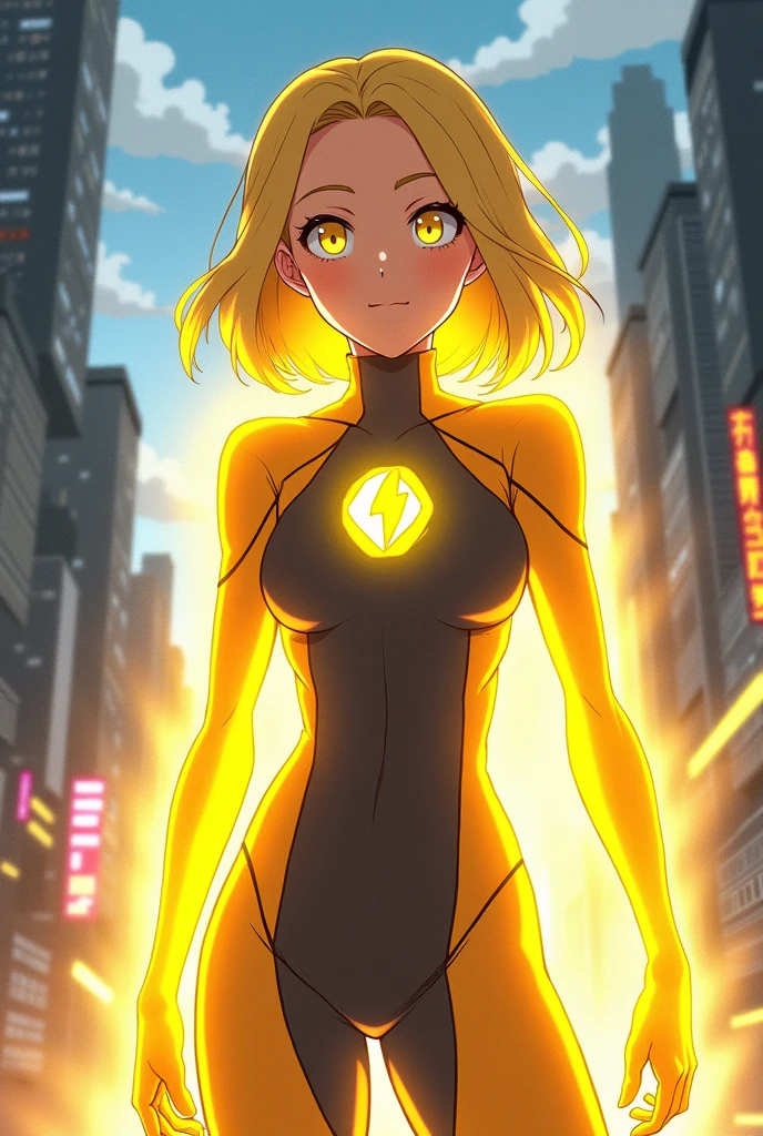 Anime drawing of a brave young blonde with a costume that absorbs light and reflects yellow light