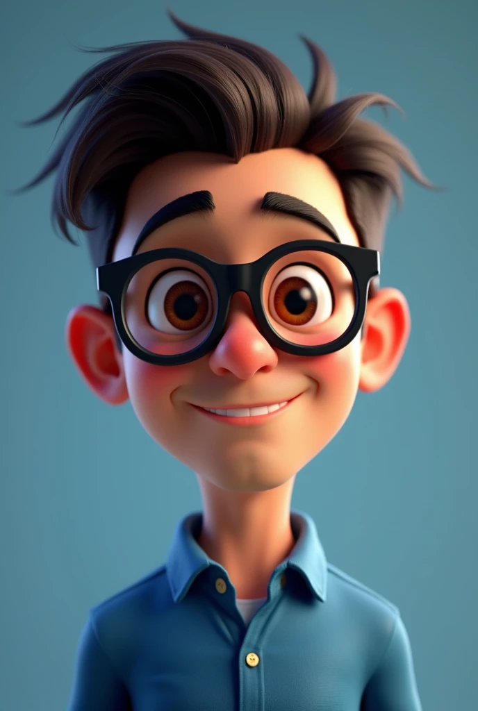 Cartoon character of a man wearing black glasses and a blue shirt, um personagem animado, Caractere estilizado, animation style rendering, 3D estilizado, Arnold Maya render, 3 d render stylized, toon render keyshot, Personagem 3D, Personagem 3D, 3d rendering stylized, 3 d character render, personagem de desenho animado, Personagem de close up, Pose de personagem, (Estilo Pixar) (master part:1.2) (Bokeh) (best quality) (pele detalhada) (textura detalhada) (8k) (argila) (Cinematic lighting) (foco nítido,Senta e vaza a parte superior do corpo