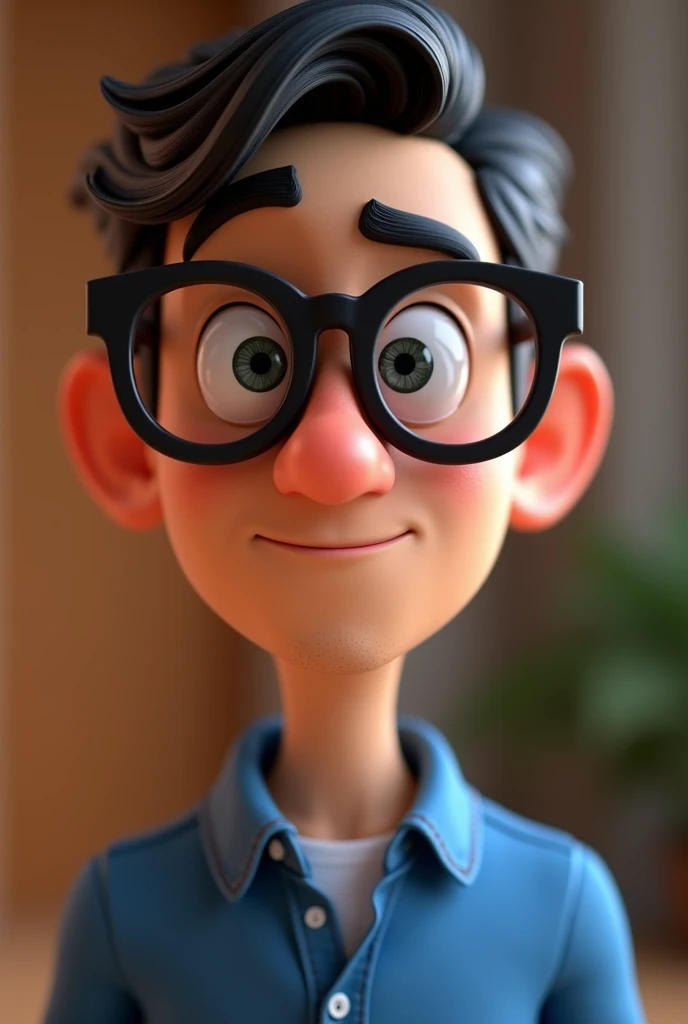 Cartoon character of a man wearing black glasses and a blue shirt, um personagem animado, Caractere estilizado, animation style rendering, 3D estilizado, Arnold Maya render, 3 d render stylized, toon render keyshot, Personagem 3D, Personagem 3D, 3d rendering stylized, 3 d character render, personagem de desenho animado, Personagem de close up, Pose de personagem, (Estilo Pixar) (master part:1.2) (Bokeh) (best quality) (pele detalhada) (textura detalhada) (8k) (argila) (Cinematic lighting) (foco nítido，Senta e vaza a parte superior do corpo