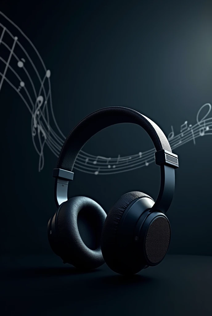 Generate an image of music but only show headphones and music and put the dark background and in the background put lines of music