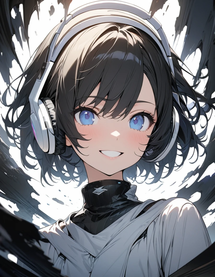 ((ultra-detailed))/one women, short black hair and bob hair.、beautiful blue eyes、smile、gentle smile on her face、flat chest, one Beautiful girl,((masterpiece, illustration, best quality) ((ultra-detailed))/solid white background,blank background, while wearing wireless white headphones, full upper body, face only