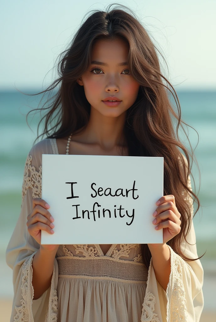 Beautiful girl with wavy long hair, bohemian dress, holding a white board with text "I Love Seaart Infinity" and showing it to the viewer