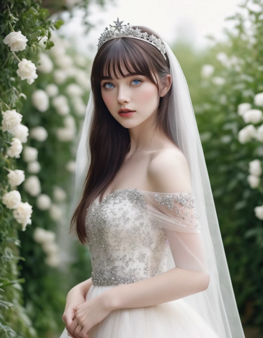 Beautiful woman, white skinned, blue eyes, has long brown hair, bangs, wears a luxurious wedding dress with a star motif and a silver crown, wears a white wedding dress veil with a star motif, background flower garden