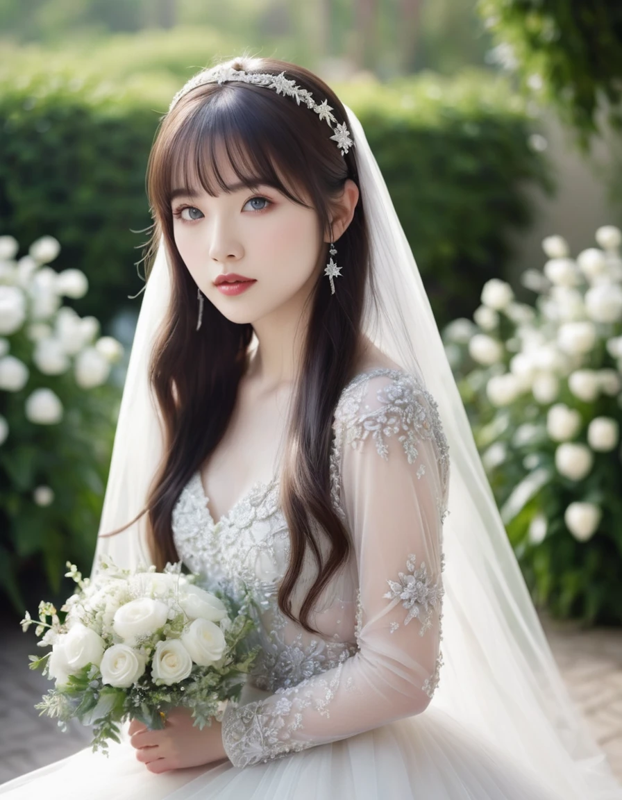 Beautiful woman, white skinned, blue eyes, has long brown hair, bangs, wears a luxurious wedding dress with a star motif and a silver crown, wears a white wedding dress veil with a star motif, background flower garden