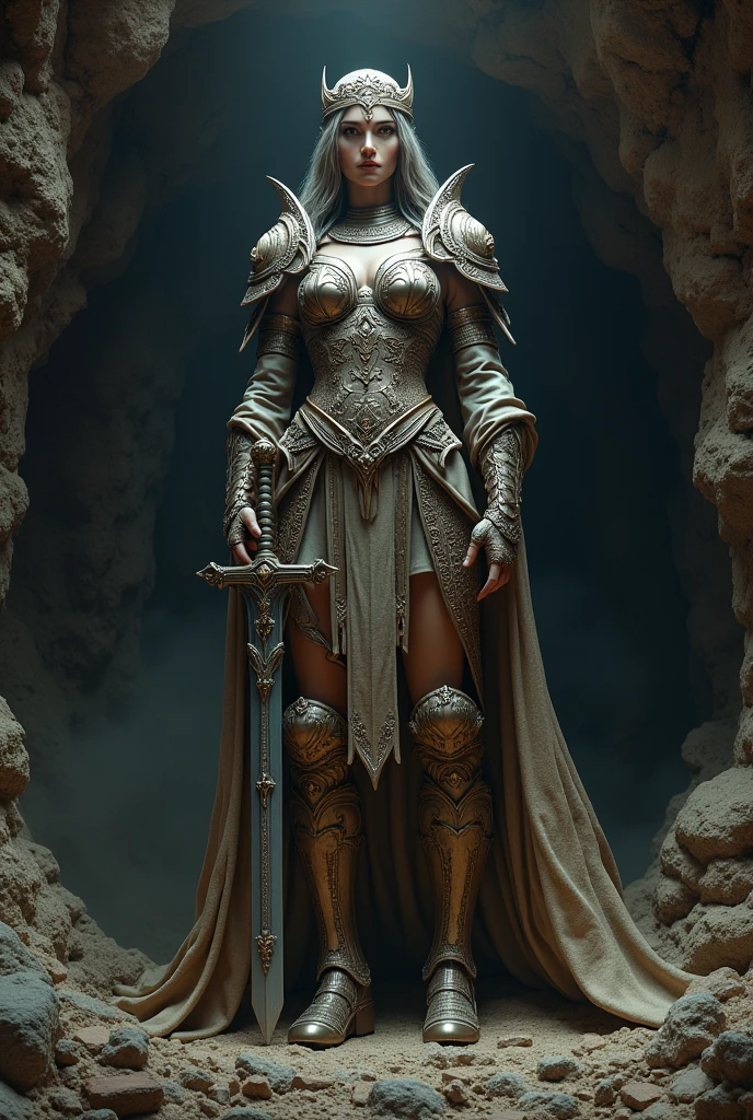 Statue of a female warrior with a sword in a cave