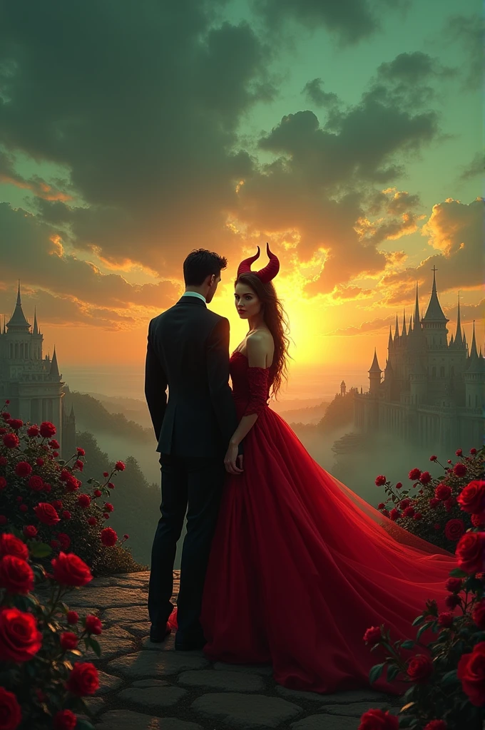 A devilish princess with a red dress, her husband with a black suit, in front of a green, blue and yellow sunset, on the horizon there are lots of red and black roses, and on the horizon there are also palaces