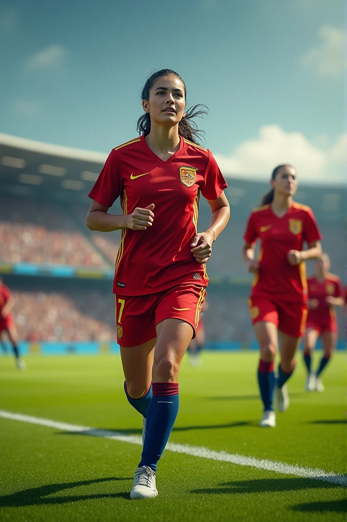 Spanish female football players with the field empty of people