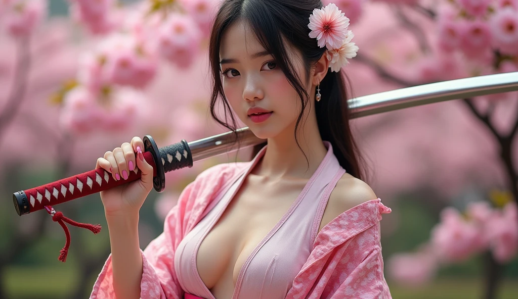 beautiful japanese woman with big breasts in revealing kimono sakura garden bare legs off shoulders katana