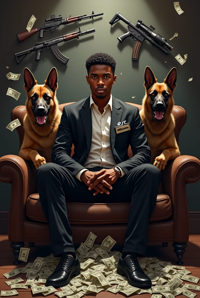 Serious beautiful young brownish black male wearing black suites, wearing white button shirt,black slatter shoes,and wearing black cowboy cap sitting on a couch inside a building surrounded by all kinds of weapons and 2 angry k9 dogs. 
ALSO, show this name ( RJL The Statesman ) on the background in huge font up above the man's head with money flowing on the floor
Also put RJL the Statesman tag on his suits 