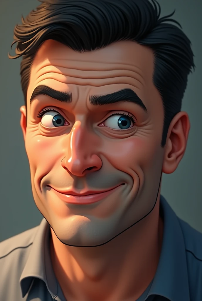 squinting
little smile
man 
blue eyes
black hair