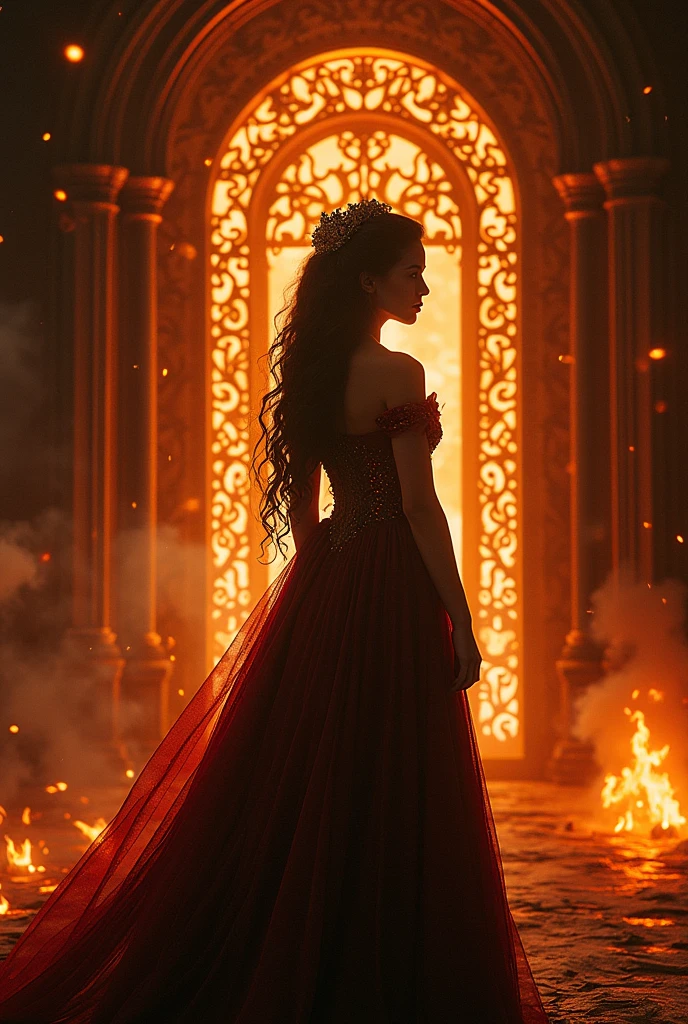 fantasy book cover, elegant silhouette of young queen, dramatic fire elements, dark fantasy, detailed dragon scales, ornate hall of mirrors, magical atmosphere, dark and moody lighting, dramatic high contrast, cinematic composition, digital art, concept art, fantastical, (best quality, 4k, 8k, high resolution, masterpiece: 1.2), ultra detailed, (realistic, photorealistic, photorealistic: 1.37), vibrant colors, dramatic lighting