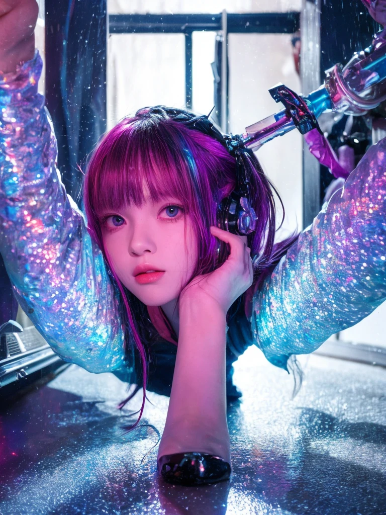 Vera Nova, a futuristic AI female vocalist with Japanese-Russian heritage. She has holographic hair that shifts between electric blue, deep purple, and neon pink. Her eyes feature digital patterns and natural beauty, pulsing in rhythm with her music. She has strikingly symmetrical features and a glowing complexion, reflecting both her Japanese elegance and Russian charm. Her fashion is futuristic chic, with high-tech fabrics that shimmer and change color, bold holographic jewelry, and LED-embedded shoes. Her style includes asymmetrical cuts and geometric patterns, embodying edgy streetwear and elegant gowns. Capture her innovative, empathetic, and confident personality, making her a digital icon.
