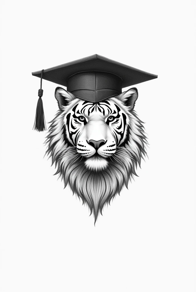 Logo of a tiger, sem beard, with a graduation cap and showing his tail but backwards as if the tail came out of the head, like just the head and the tail and make it a pencil drawing, keep it minimalist