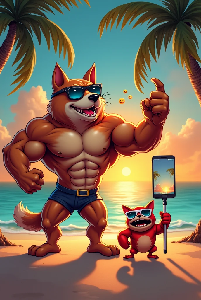 Create an epic and hilarious meme featuring a muscular anthropomorphic dog (Muscle Dog) with exaggerated bodybuilder physique, flexing his muscles and wearing comically small sunglasses. He's standing confidently on a tropical beach, striking a heroic pose. Next to him, position a surprised and slightly envious Catwoman-style influencer, her eyes wide and jaw dropped, wearing a cat-eared headband and holding a selfie stick with a phone displaying "0 followers." The background should showcase a vibrant sunset over the ocean, with palm trees bending impossibly to frame the characters. Add floating emojis (💪😺🏖️) around them for a social media feel. In the foreground, place a small crab wearing oversized sunglasses, giving a thumbs up to Muscle Dog. Style the scene in a mix of hyperrealistic rendering and comic book art, with bold outlines and exaggerated features. Use a wide-angle lens (24mm) to capture the entire scene, emphasizing the characters' expressions and the comical contrast between them. Apply a slight tilt-shift effect to focus on the characters while keeping the background slightly blurred. Enhance the lighting to create a golden hour glow, highlighting Muscle Dog's muscles and Catwoman's shiny costume. The caption should read: "When your gym routine finally pays off... but your social media game is still catching up! 😂💪📱" Add a call-to-action: "Drop a 💪 if you're team Muscle Dog or a 😺 if you're team Catwoman! Who's winning summer?"       