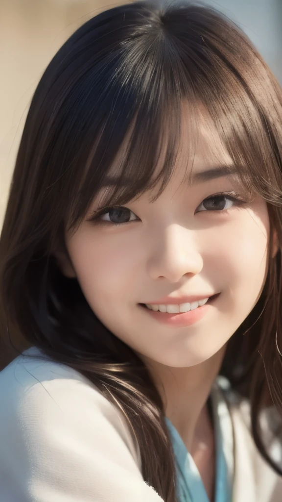 best quality, face focus, soft light, ultra high res, (photorealistic:1.4), RAW photo,(Shinozaki Ai), white skin, kawaii, 1 Japanese girl, solo, cute, (smile), (pupil, lights in the eyes), detailed beautiful face, Medium-sized breasts,(high resolution detail of human skin texture),(long hair),(portrait), upper body, white traditional kimono, no makeup