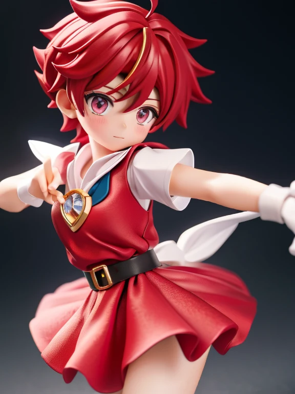 Magical giel、Primary school students、Young girl、、height: 130cm、Short Hair、Shortcuts、boyish、Circlet、Character portrait、spats、ホットpants、pants、Magical Girl Costume、Red clothes、Red Hair、Red eyes、Magic wand、Fighting gloves on hands