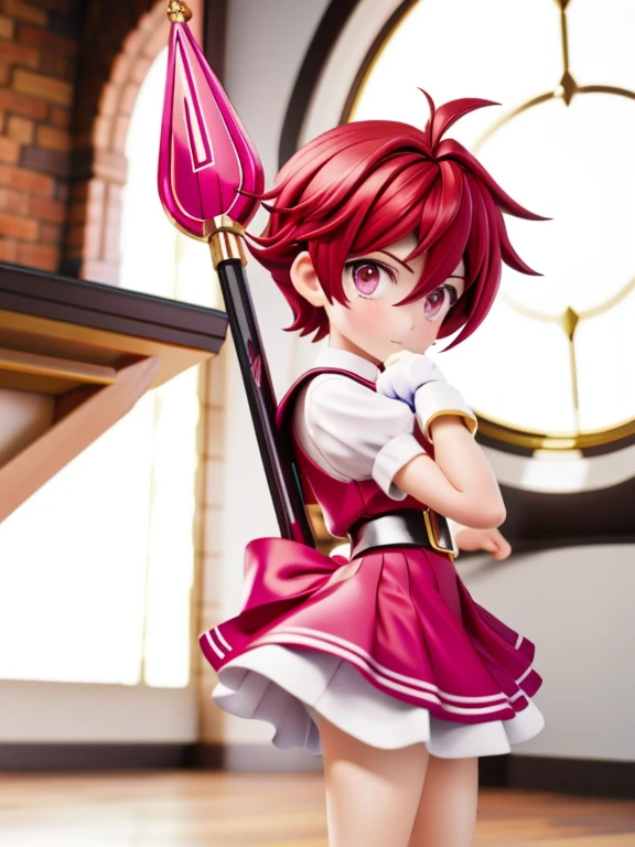 Magical giel、Primary school students、Young girl、、height: 130cm、Short Hair、Shortcuts、boyish、Circlet、Character portrait、spats、ホットpants、pants、Magical Girl Costume、Red clothes、Red Hair、Red eyes、Magic wand、Fighting gloves on hands
