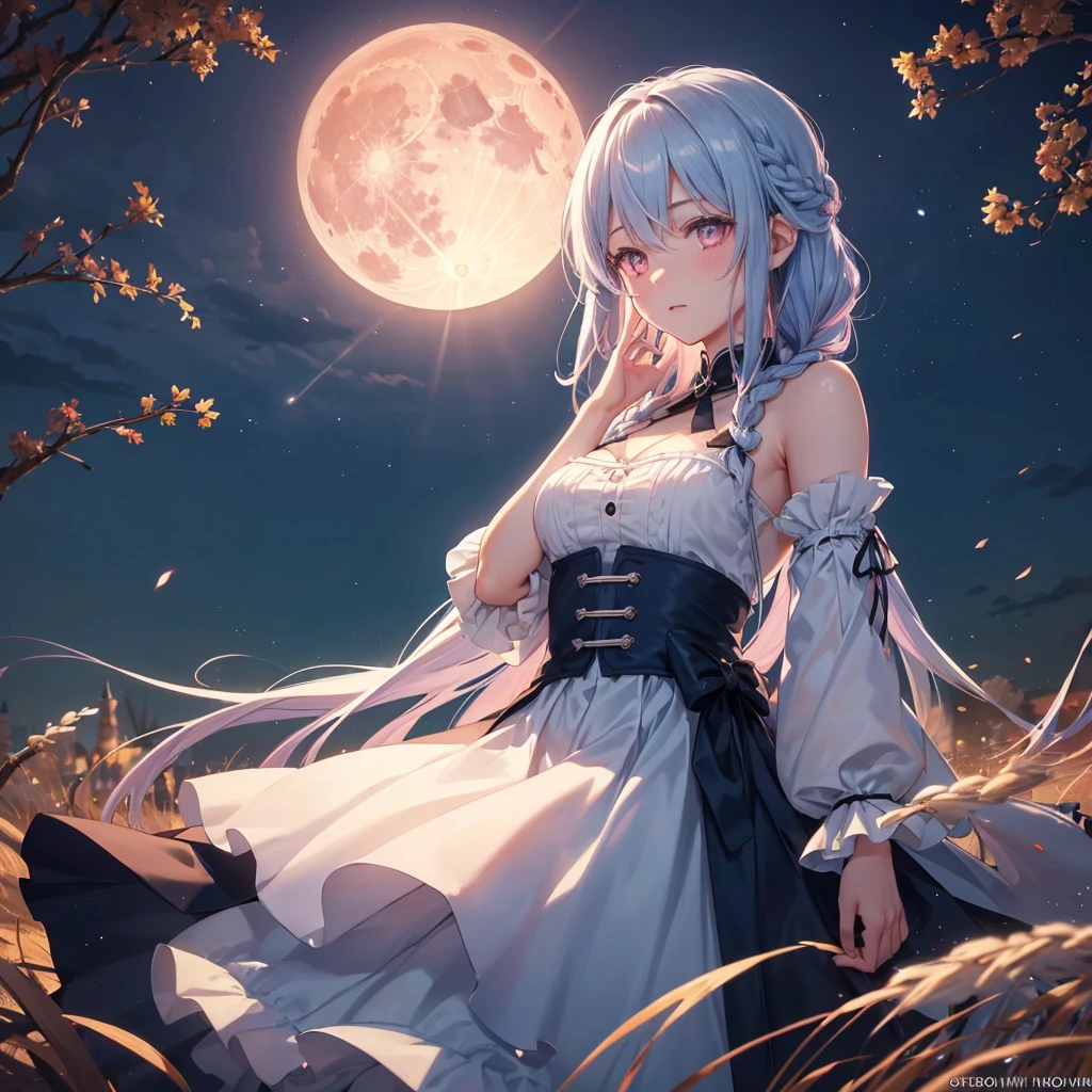 (Braiding),(Sky blue medium hair), (Pink eyes),(Fair skin)  ,(whole body),(One Girl),(harvest moon),(A large amount of Miscanthus sinensis in the background),autumn,(full moon),(masterpiece, Highest quality, Very detailed, Best Shadow), (Detailed Background), (Beautifully detailed face), High Contrast, (Best lighting, Very delicate and beautiful), ((Cinematic Light)), Hyper Detail,8k, Dramatic Light, Intricate details