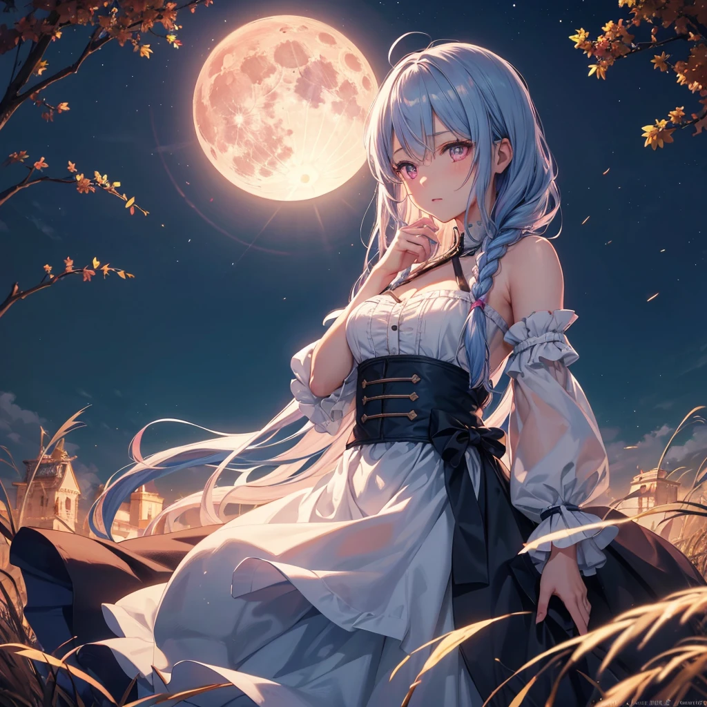 (Braiding),(Sky blue medium hair), (Pink eyes),(Fair skin)  ,(whole body),(One Girl),(harvest moon),(A large amount of Miscanthus sinensis in the background),autumn,(full moon),(masterpiece, Highest quality, Very detailed, Best Shadow), (Detailed Background), (Beautifully detailed face), High Contrast, (Best lighting, Very delicate and beautiful), ((Cinematic Light)), Hyper Detail,8k, Dramatic Light, Intricate details