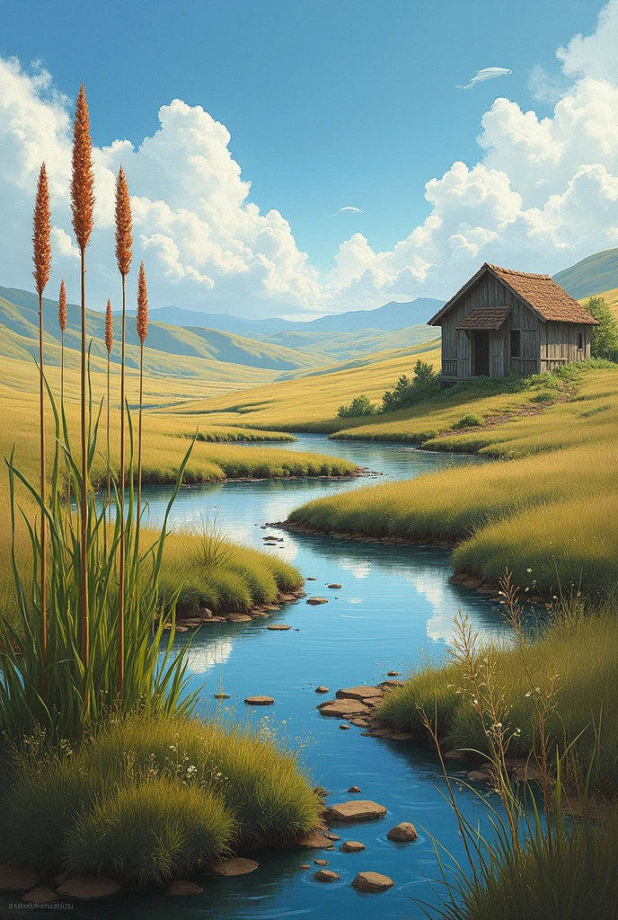 Landscape of a moor in two paintings where there are many water sources, Frailejones and a house