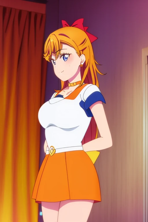 Sailor Senshi Uniform, Anime Aunt, A MILF, skirt, aino minako, 独奏, bow, white glove, sailorvenus, Blonde woman with very long hair, elbowgloves, Red ribbon on head, Orange sailor collar, Golden sailor collar, back_bow, orange choker, Golden Choker, jewelry, Blue-eyed woman, Orange Skirt, Golden skirt, magical , earrings, circlet, skirt rift, smile, rating:safe, leotard, pleatedskirt, lifted_by_self, Half Up Hair, Bare shoulders, bare legs, cowboy_shot, collarbone, shiny, looking_at_viewer, panties on, Purple ribbon on chest, Woman standing, shiny_hair, bangs, eyebrows_ass visible_through_hair, hair_bow, closed_mouth, highleg, shiny_skin, heart, White leotard, white dress, huge tit, Leotila,