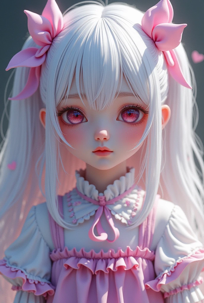 A girl with long, white hair and half-twins, some of which are dyed pink and purple。The sides of her hair are dyed purple and pink.。No hair ornaments。Red eyes and droopy eyes。She wears clothes with lots of frills and ribbons.