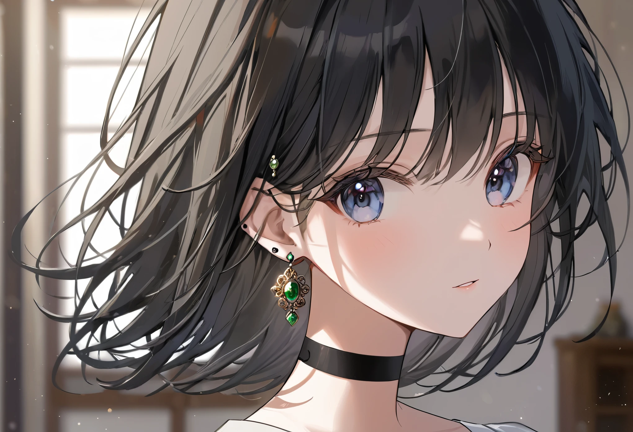 best quality, super_delicate, ultra detailed, beautiful, 8k , 1girl, slender, black hair, earrings, choker, indoor, bright, close up