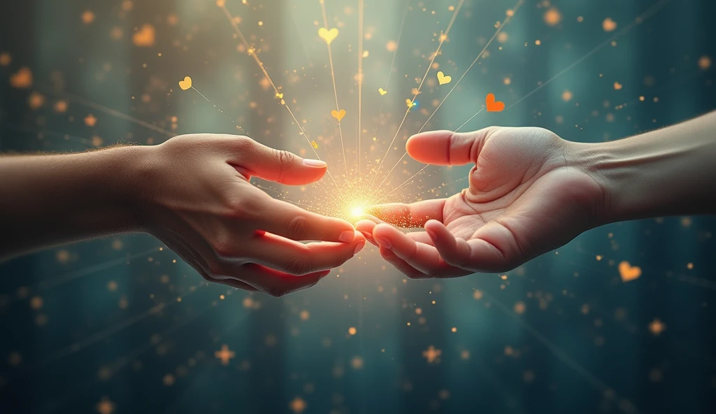 image that depicts the interconnectedness of human relationships. In the center, show two hands reaching out to each other, symbolizing connection and support. Surround these hands with a network of thin, glowing threads that extend outwards, connecting to various symbols representing different types of relationships: a heart for love, a tree for family, a book for friendship, and a globe for community. The background should have a gradient from light to dark, symbolizing the journey from innocence to experience. The overall tone should evoke a sense of both the complexity and beauty of relationships, with subtle hints of light and shadow to represent the challenges and growth that come from our connections with others.