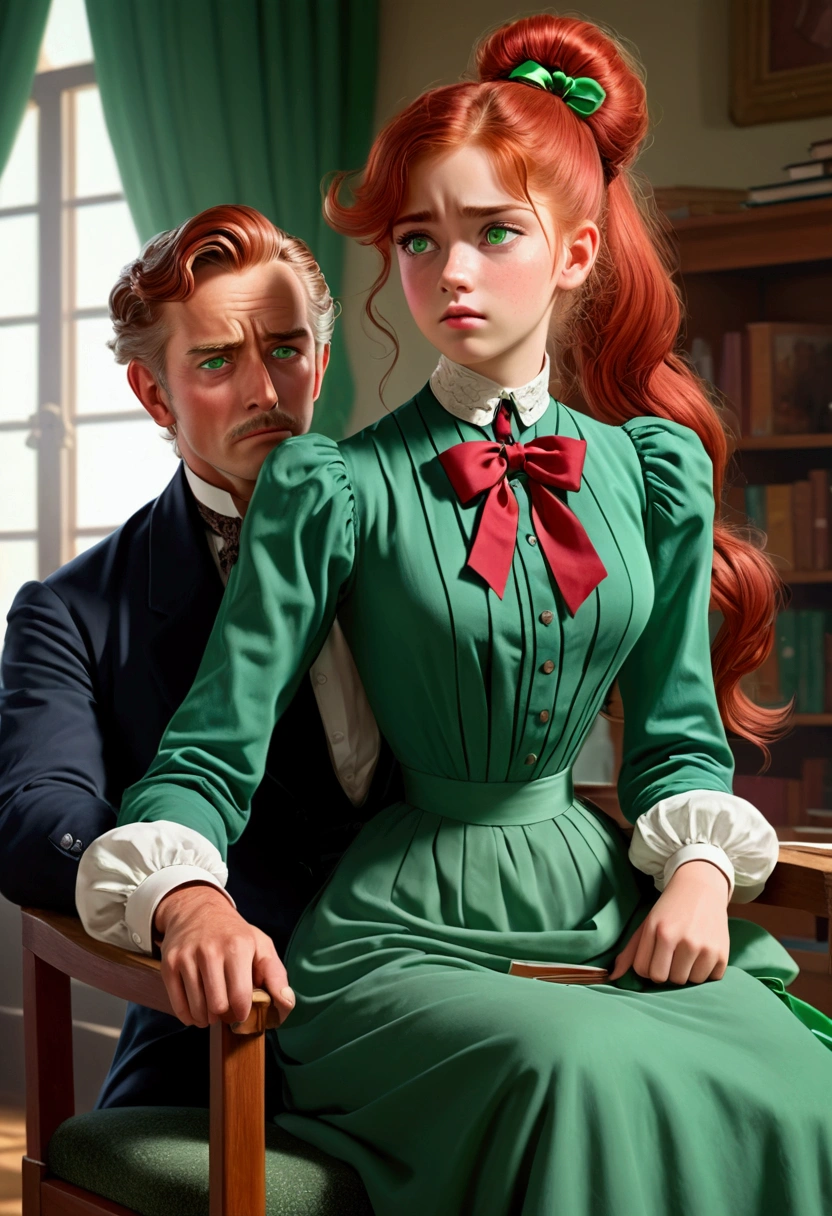 2d, masterpiece, best quality, cartoon, highly detailed, 1girl, 1man, pretty 13yo teenage Gibson Girl, green eyes, very long red hair, ponytail, 1900_dr3ss, high-collar long sleeve shirtwaist, ribbon tie, aged 69yo gentleman, horny man, classroom, 4k, 8k, best quality, masterpiece, hyper detailed, intricate detail, 1boy, 1 girl, detailed, ++, detailed green eyes ++, raytracing, perfect shadow, highres, hyper detailed, highlighting her playful nature. girl using a man as a chair, sitting on a man, girl sitting on someone, sitting on a man, using a man as a chair, girl feeling disgusted, man feeling aroused, nsfw