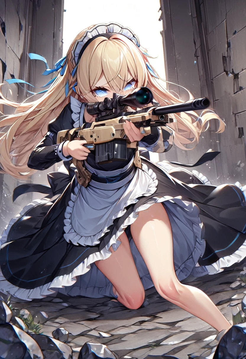 ((Highest quality:1.6)), ((Ultra-high resolution:1.6)), ((Masterpiece:1.6)), (Very detailed:1.6), (Perfect Face:1.6), (Detailed illustrations:1,4), (Perfect Eyes:1.6), (Detailed eyes:1.4), (Perfect Anatomy:1.6), girl, cute, (The cuteness of an angel, Mouth is open, ), (Blonde, Small breasts, Black Dress, White apron, Blue ribbon, Apron dress, Classic maid outfit, shoes, barefoot, Long:1.4), (Sniper from the walls, sniper rifle:1,4), Castle Defense, (Looking through the scope, ready to shoot, Aiming for prey, Low posture, Side angle, Obstacles such as low rocks and walls:1.4), (Barret M82:1,4), Sniper Rifle, profile, Gunfight, (Stains on clothes:1,4), (Dirty with ash and soot:1,4), (Tearing of clothes:1.2),